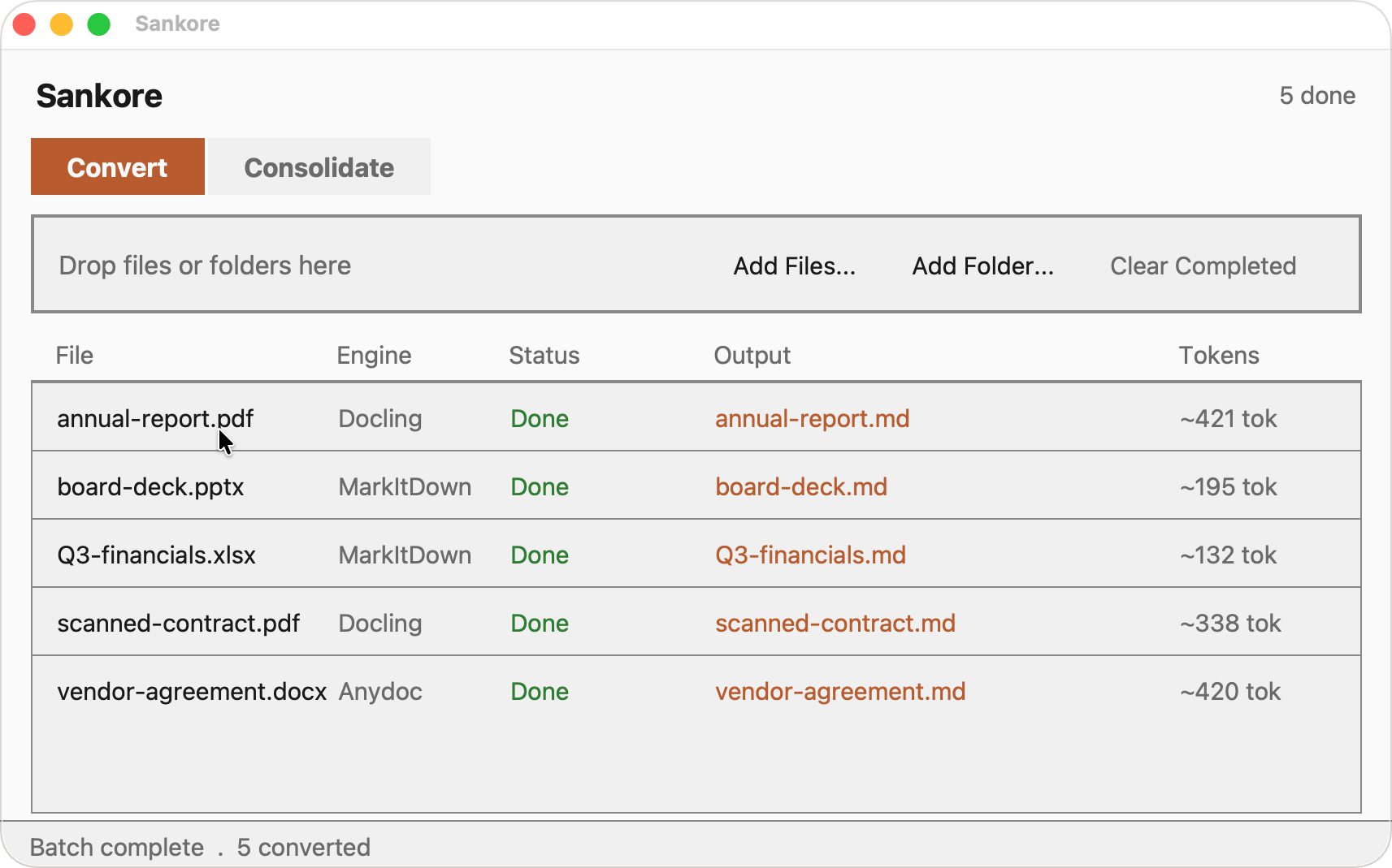 The Sankore window: Convert and Consolidate tabs, a drop area, and a queue of files with status, output file and token count.